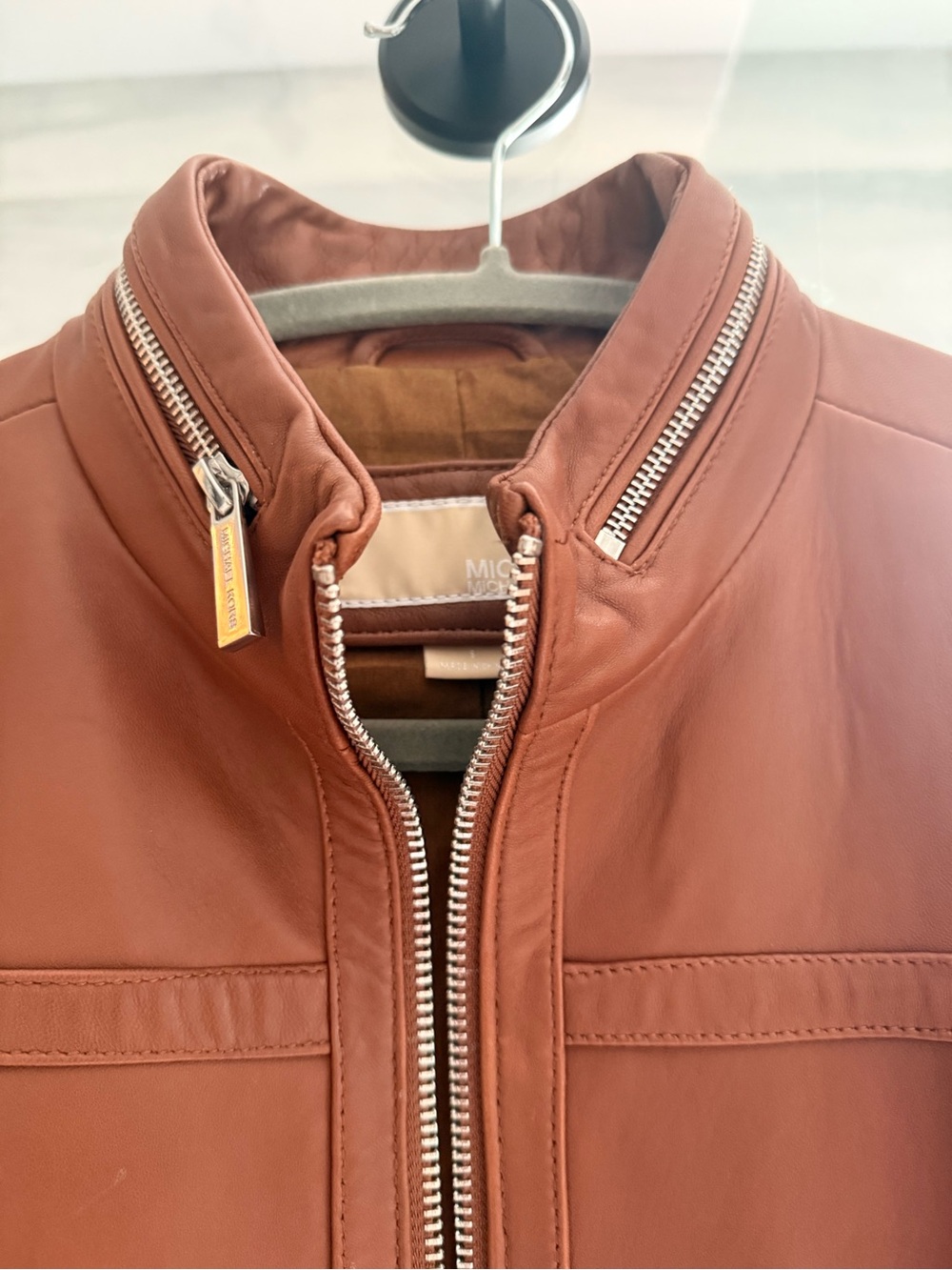NWOT Michael Kors cognac calf leather Bomber Jacket with Silver Zippers